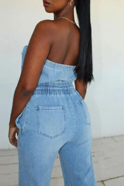 Solid Color Stylish Bandeau Denim Jumpsuit 11 Solid Color Stylish Bandeau Denim Jumpsuit -Clothing Outlet Store H23050543 BL 5