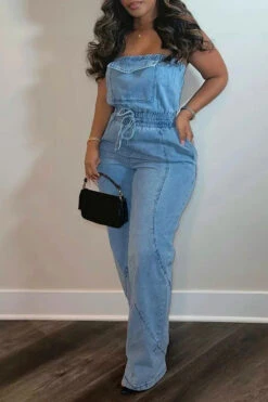 Solid Color Stylish Bandeau Denim Jumpsuit 13 Solid Color Stylish Bandeau Denim Jumpsuit -Clothing Outlet Store H23050543 BL 7