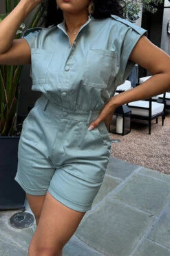 Solid Color Casual Multi Pocket Romper -Clothing Outlet Store H23051056 BL 1
