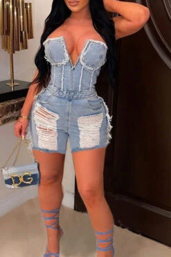 Ripped Burrs Stylish Denim Romper