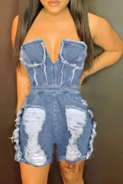 Ripped Burrs Stylish Denim Romper -Clothing Outlet Store H23051063 BL 3