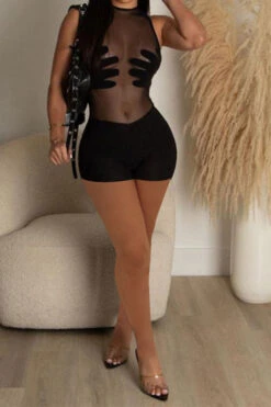 Patchwork Kitsch See-Through Romper 7 Patchwork Kitsch See-Through Romper -Clothing Outlet Store H23051064 BK 4