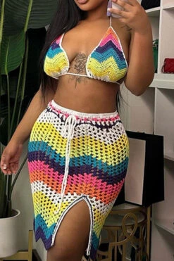 Chevron Colorful Knitted Skirt Suit -Clothing Outlet Store H23051076 RT 3