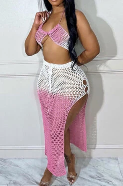 Gradient Stylish High Split Knitted Skirt Suit