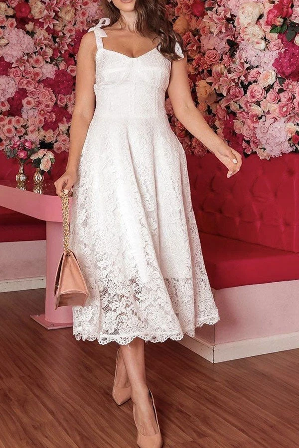 Solid Color Lace Sweet Tie Strap Midi Dress 2 Solid Color Lace Sweet Tie Strap Midi Dress - Image 2