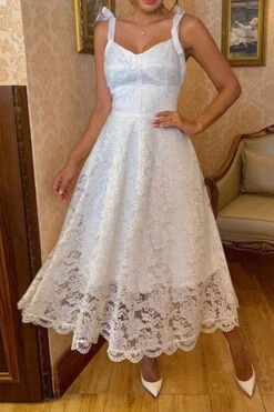 Solid Color Lace Sweet Tie Strap Midi Dress 6 Solid Color Lace Sweet Tie Strap Midi Dress -Clothing Outlet Store H23051102 WH 3