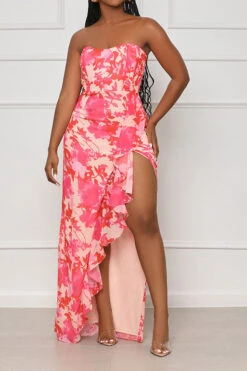 Floral Print Romantic Ruffle High Split Maxi Dress