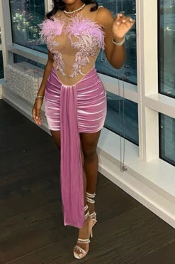 Feather Trim Applique Rocking Ribbons Mini Dress 8 Feather Trim Applique Rocking Ribbons Mini Dress -Clothing Outlet Store H23051140 PI 3