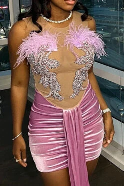 Feather Trim Applique Rocking Ribbons Mini Dress 9 Feather Trim Applique Rocking Ribbons Mini Dress -Clothing Outlet Store H23051140 PI 4