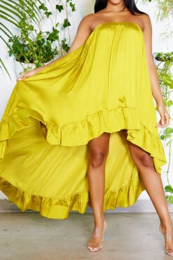Solid Color Urban Ruffle High Low Maxi Dress -Clothing Outlet Store H23051806 YE 3