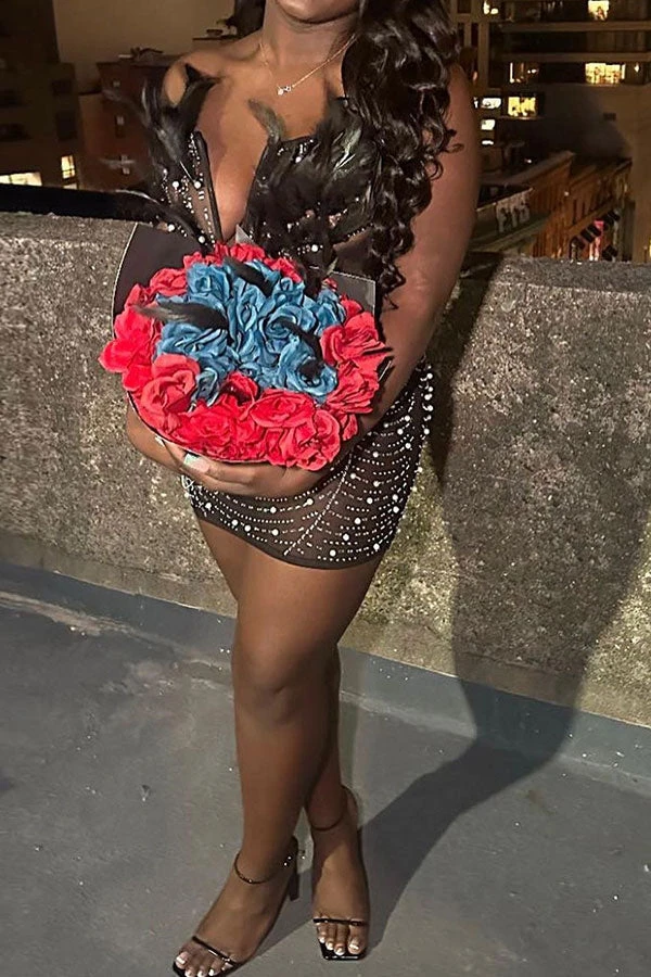 Feather Decor Luxe Rhinestone Mini Dress 2 Feather Decor Luxe Rhinestone Mini Dress - Image 2