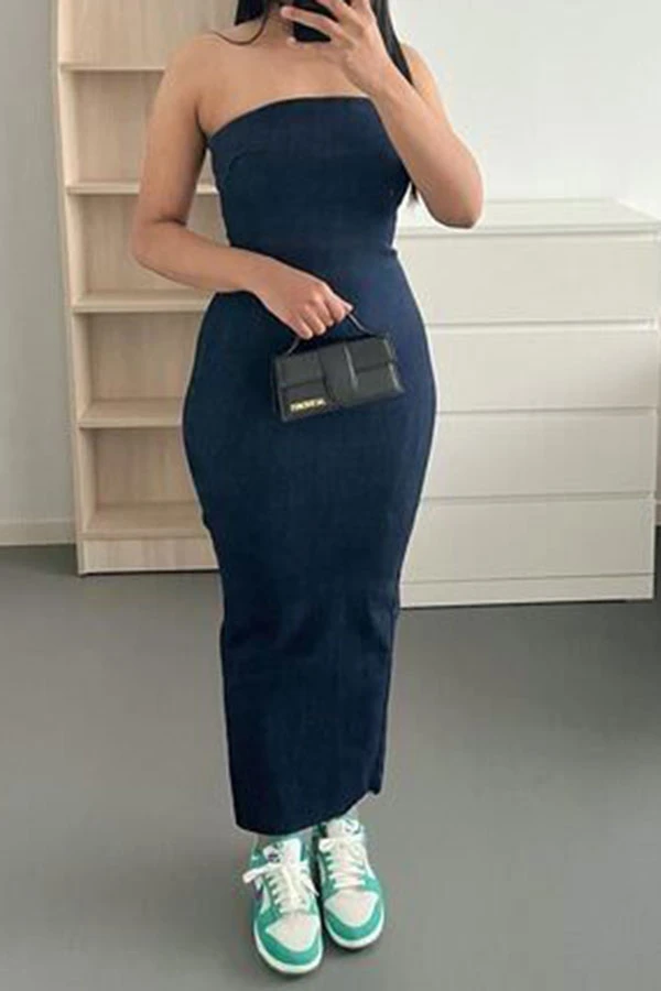 Solid Color Flattering Split Back Denim Midi Dress 2 Solid Color Flattering Split Back Denim Midi Dress - Image 2