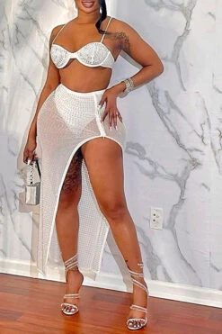 Rhinestone Kitsch See-Through High Split Skirt Suit -Clothing Outlet Store H23051849 WH 2