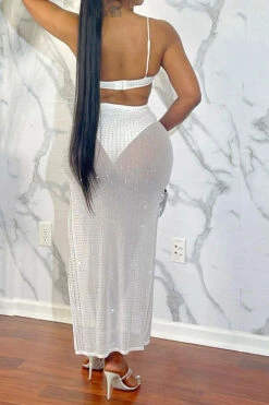 Rhinestone Kitsch See-Through High Split Skirt Suit -Clothing Outlet Store H23051849 WH 3