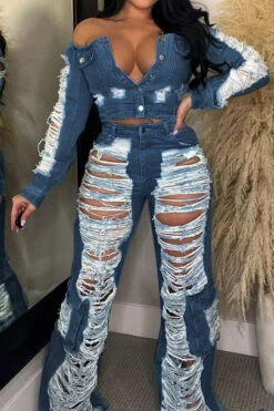 Ripped Burrs On-trend Multi Pocket Jeans -Clothing Outlet Store H23051867 NB 1