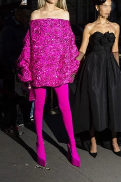 Floral Jacquard Sequined Trim Girly Bubble Mini Dress & Pantyhose