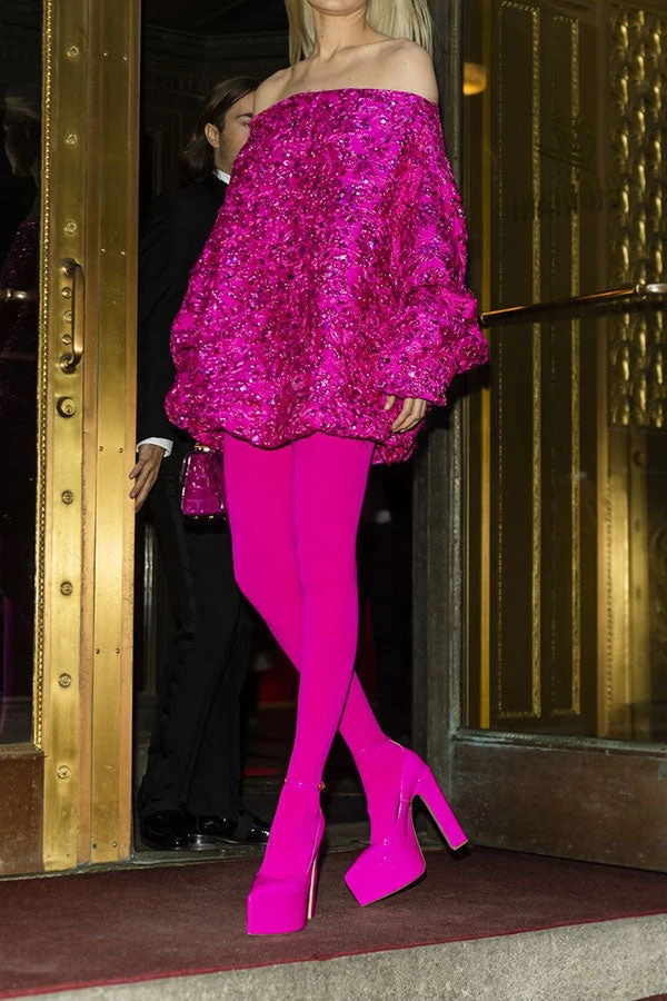 Floral Jacquard Sequined Trim Girly Bubble Mini Dress & Pantyhose 2 Floral Jacquard Sequined Trim Girly Bubble Mini Dress & Pantyhose - Image 2