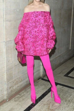 Floral Jacquard Sequined Trim Girly Bubble Mini Dress & Pantyhose 5 Floral Jacquard Sequined Trim Girly Bubble Mini Dress & Pantyhose -Clothing Outlet Store H23051934 RR 3