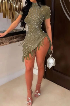 Rhinestone & Beaded Decor On-trend Irregular Feather Hem Mini Dress -Clothing Outlet Store H23060219 AG 1