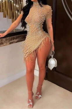 Rhinestone & Beaded Decor On-trend Irregular Feather Hem Mini Dress -Clothing Outlet Store H23060219 AP 1