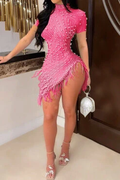 Rhinestone & Beaded Decor On-trend Irregular Feather Hem Mini Dress -Clothing Outlet Store H23060219 PI 1