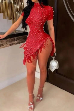 Rhinestone & Beaded Decor On-trend Irregular Feather Hem Mini Dress -Clothing Outlet Store H23060219 RE 1