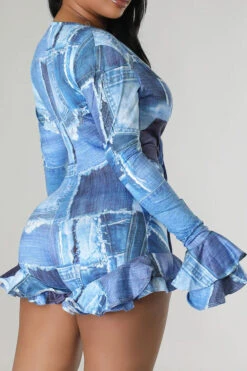 Denim Print Smart Lace-Up Ruffle Romper -Clothing Outlet Store H23060248 BL 5