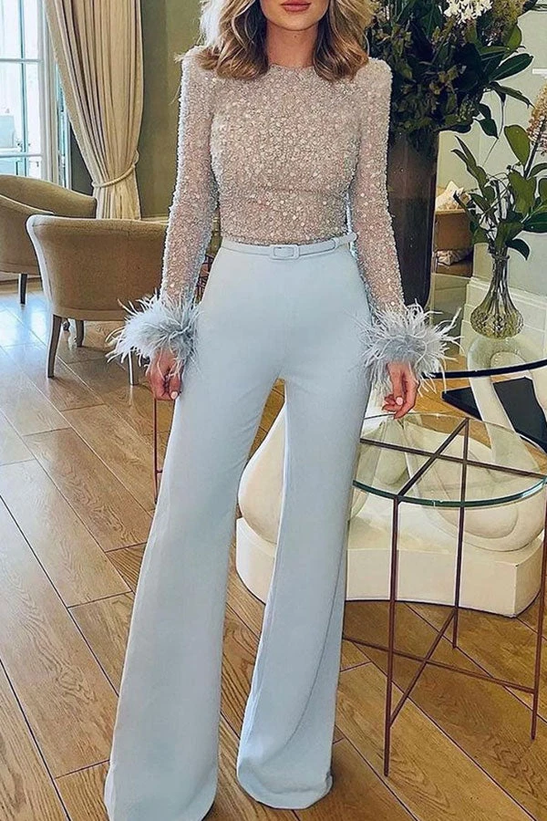 Sequined & Feather Decor Elegant Belted Jumpsuit 4 Sequined & Feather Decor Elegant Belted Jumpsuit - Image 4