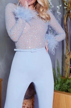 Sequined & Feather Decor Elegant Belted Jumpsuit 13 Sequined & Feather Decor Elegant Belted Jumpsuit -Clothing Outlet Store H23060261 BL 2