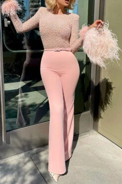 Sequined & Feather Decor Elegant Belted Jumpsuit