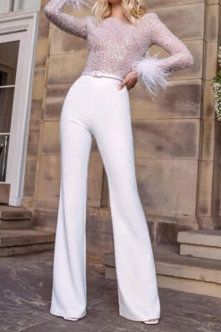 Sequined & Feather Decor Elegant Belted Jumpsuit 16 Sequined & Feather Decor Elegant Belted Jumpsuit -Clothing Outlet Store H23060261 WH 3