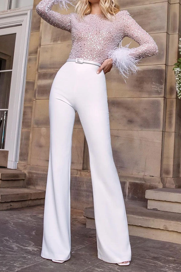Sequined & Feather Decor Elegant Belted Jumpsuit 8 Sequined & Feather Decor Elegant Belted Jumpsuit - Image 8