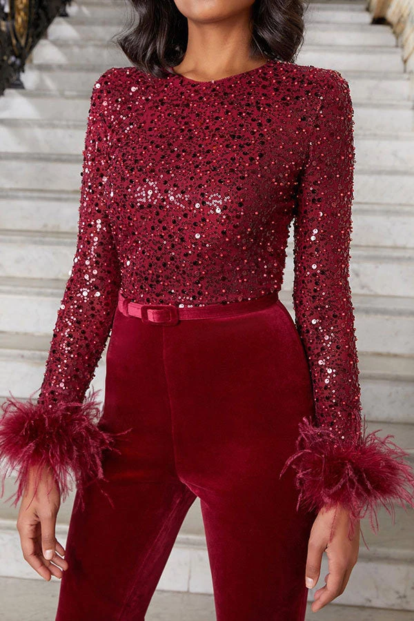 Sequined & Feather Decor Elegant Belted Jumpsuit 9 Sequined & Feather Decor Elegant Belted Jumpsuit - Image 9