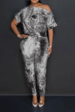 Denim Print Smart Drawstring Jumpsuit 9 Denim Print Smart Drawstring Jumpsuit -Clothing Outlet Store H23060263 BK 1