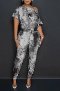 Denim Print Smart Drawstring Jumpsuit 10 Denim Print Smart Drawstring Jumpsuit -Clothing Outlet Store H23060263 BK 2