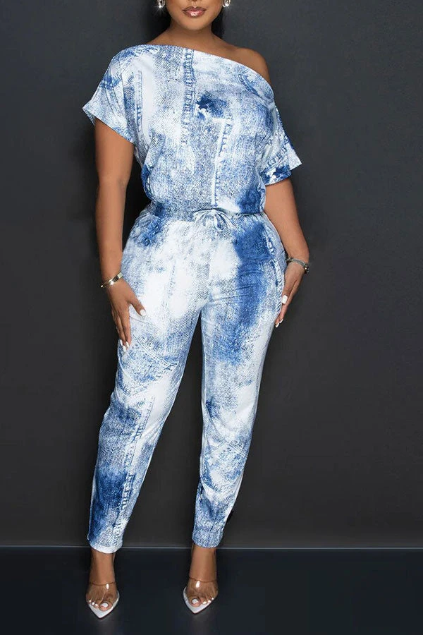 Denim Print Smart Drawstring Jumpsuit 2 Denim Print Smart Drawstring Jumpsuit - Image 2