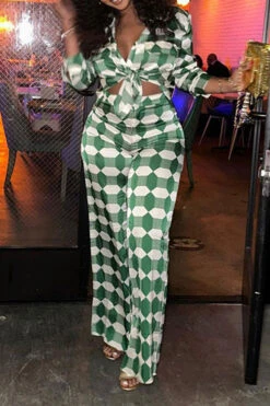 Geometric Print Commuting Pocket Pant Suit