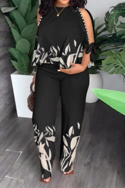 Leaf Print Elegant Beaded Decor Pant Suit -Clothing Outlet Store H23060277 BK 1