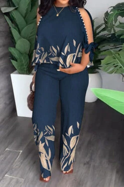 Leaf Print Elegant Beaded Decor Pant Suit -Clothing Outlet Store H23060277 BL 1