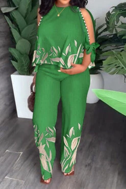 Leaf Print Elegant Beaded Decor Pant Suit -Clothing Outlet Store H23060277 GR 1