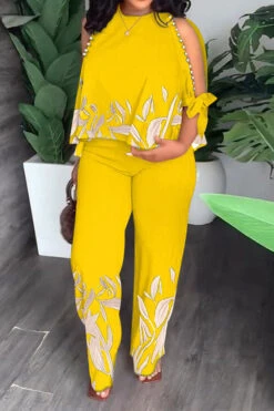 Leaf Print Elegant Beaded Decor Pant Suit -Clothing Outlet Store H23060277 YE 1