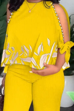 Leaf Print Elegant Beaded Decor Pant Suit -Clothing Outlet Store H23060277 YE 2