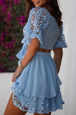 Lace Patchwork Girly Tie Front Skirt Suit 5 Lace Patchwork Girly Tie Front Skirt Suit -Clothing Outlet Store H23060285 BL 2