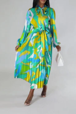 Graphic Print Feminine Belted Pleated Midi Dress 22 Graphic Print Feminine Belted Pleated Midi Dress -Clothing Outlet Store H23060940 GR 1