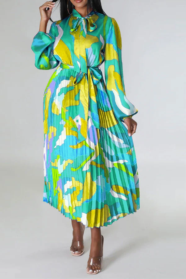 Graphic Print Feminine Belted Pleated Midi Dress 11 Graphic Print Feminine Belted Pleated Midi Dress - Image 11