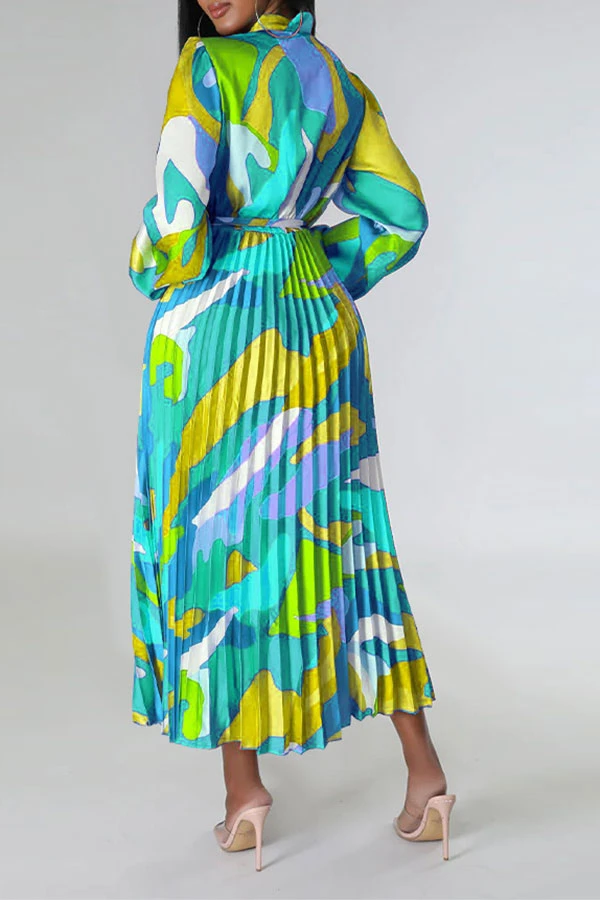 Graphic Print Feminine Belted Pleated Midi Dress 12 Graphic Print Feminine Belted Pleated Midi Dress - Image 12