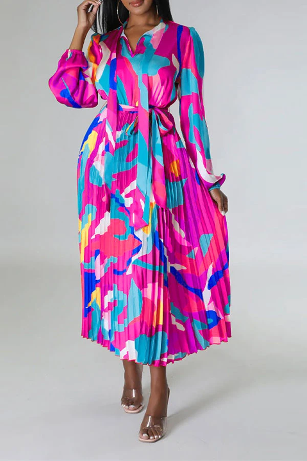 Graphic Print Feminine Belted Pleated Midi Dress 2 Graphic Print Feminine Belted Pleated Midi Dress - Image 2