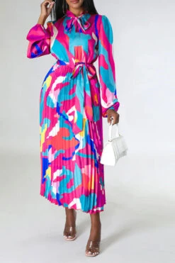 Graphic Print Feminine Belted Pleated Midi Dress 15 Graphic Print Feminine Belted Pleated Midi Dress -Clothing Outlet Store H23060940 PU 3