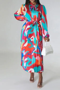 Graphic Print Feminine Belted Pleated Midi Dress 18 Graphic Print Feminine Belted Pleated Midi Dress -Clothing Outlet Store H23060940 RE 2