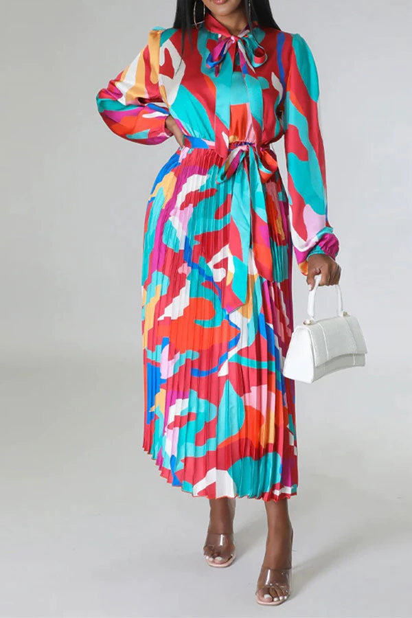 Graphic Print Feminine Belted Pleated Midi Dress 6 Graphic Print Feminine Belted Pleated Midi Dress - Image 6